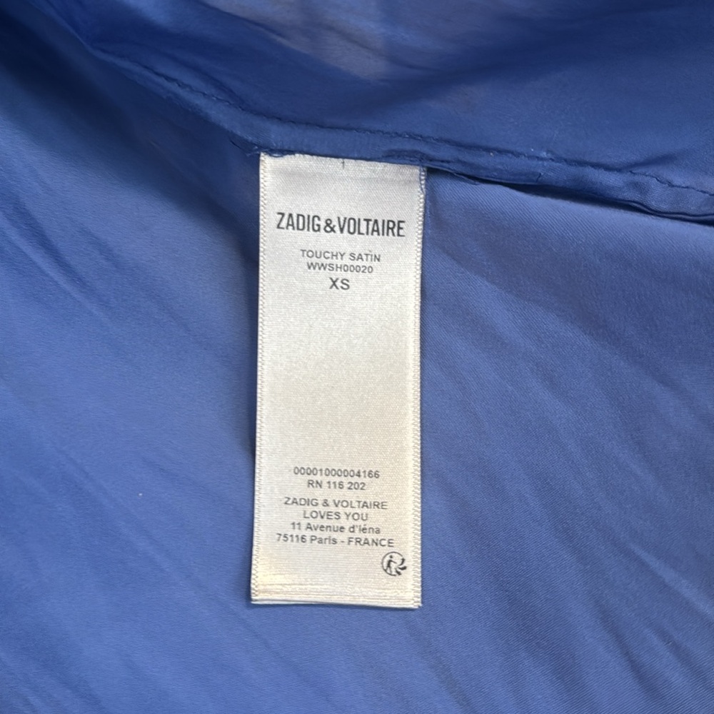 Zadig & Voltaire Touchy Satin Blouse XS Blue Rhinestone Cuff Button Up Silky - Picture 7 of 7